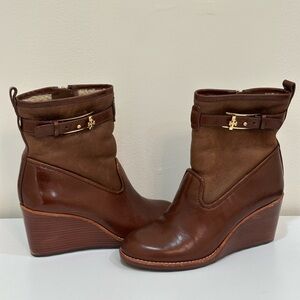 Tory Burch Brown Leather Wedge Boots